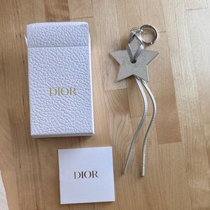New Dior Silver Star Keychain Bag Charm w/ Logo Gray Leather Tassel